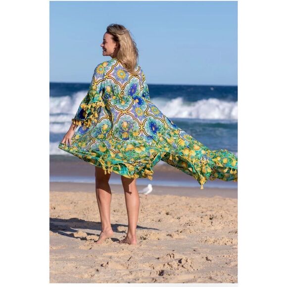 Antica Sartoria NWT lemons blue floral pattern beaded tie front long maxi cover - Picture 16 of 16